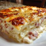 A thick, cheesy slice of scalloped potatoes and ham with a golden-brown, bubbly top.