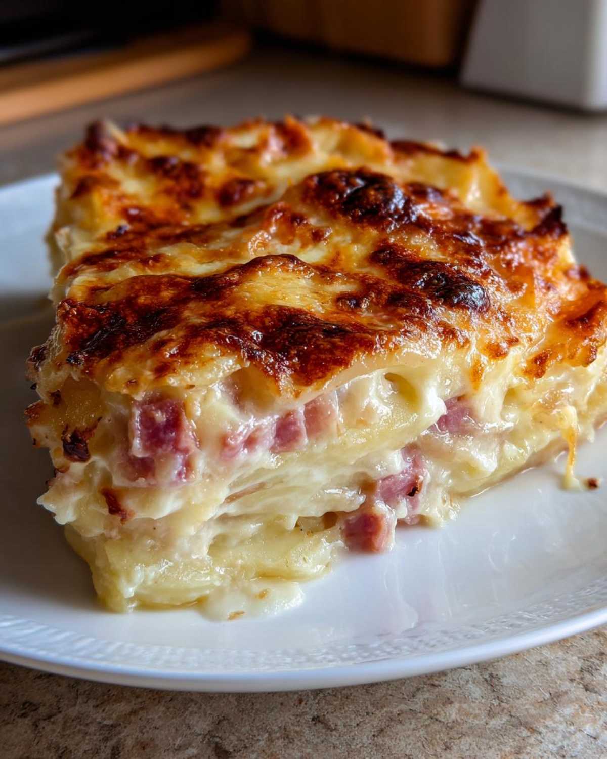 A close-up slice of creamy scalloped potatoes and ham layered with cheese, showing a golden-brown, bubbly top.