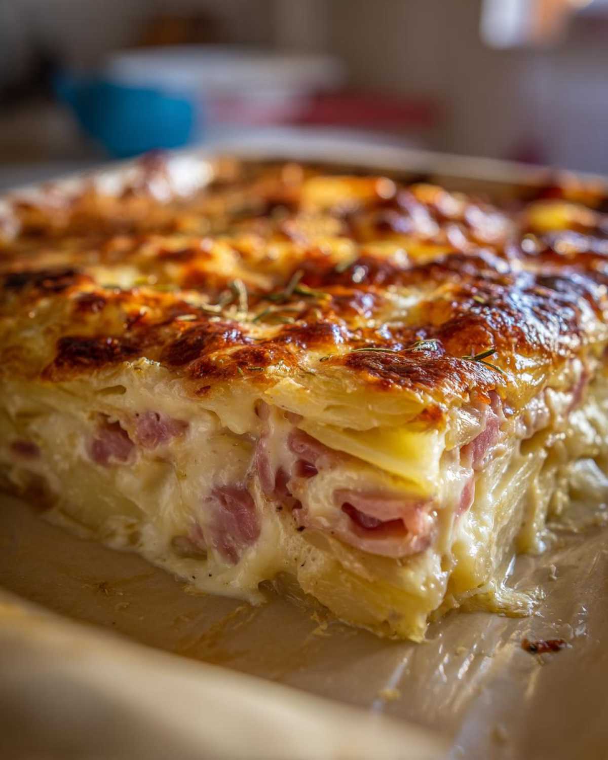 A close-up, cross-section view of a freshly baked slice of scalloped potatoes and ham, showing creamy sauce and browned cheese topping.