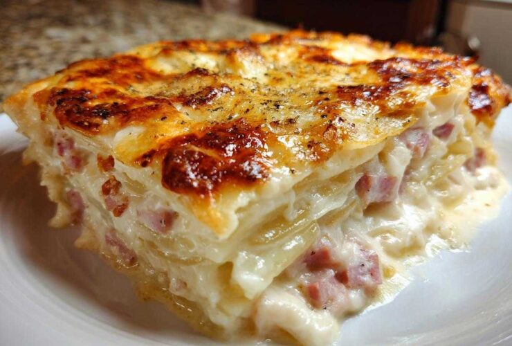 A thick, cheesy slice of scalloped potatoes and ham with a golden-brown, bubbly top.