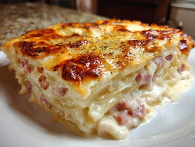 A thick, cheesy slice of scalloped potatoes and ham with a golden-brown, bubbly top.