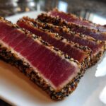 Four slices of perfectly cooked Seared Ahi Tuna, crusted with black and white sesame seeds, resting on a white plate.