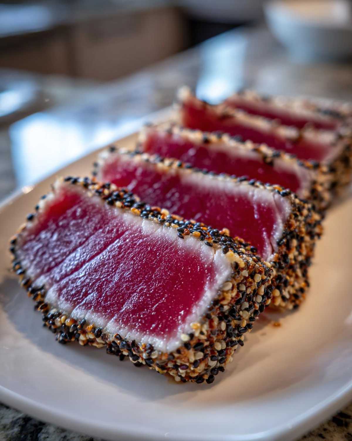 Close-up of four slices of perfectly seared ahi tuna, crusted with black and white sesame seeds, showing a rare, vibrant red center.