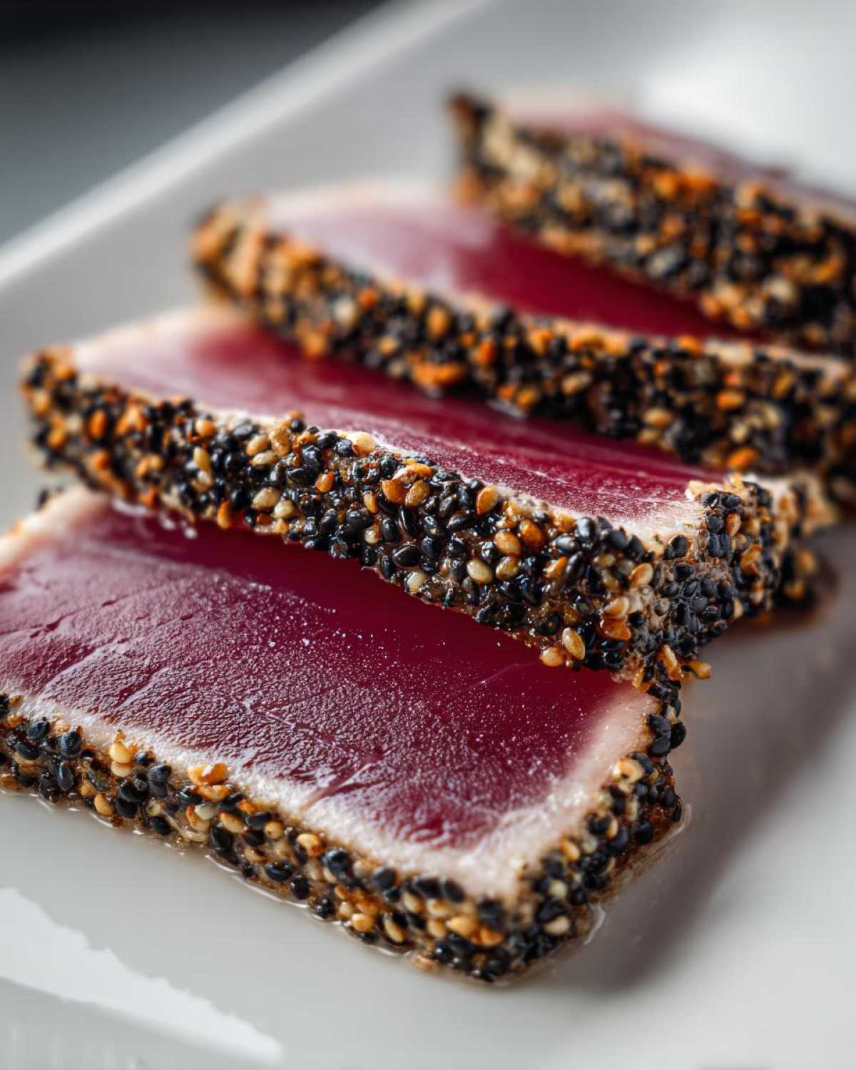Close-up of perfectly seared ahi tuna slices, showing the deep red interior and dark sesame seed crust.
