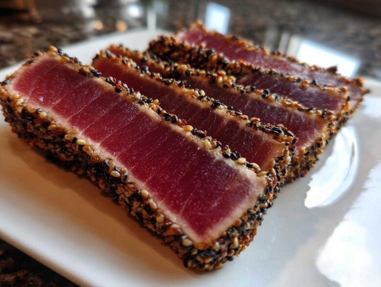 Four slices of perfectly cooked Seared Ahi Tuna, crusted with black and white sesame seeds, resting on a white plate.