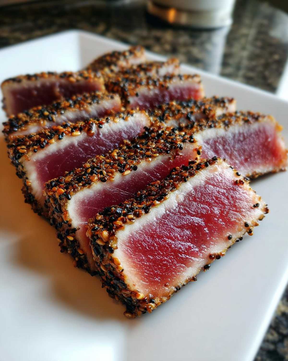 Slices of perfectly seared ahi tuna with a dark sesame seed crust showing a rare, bright red center.