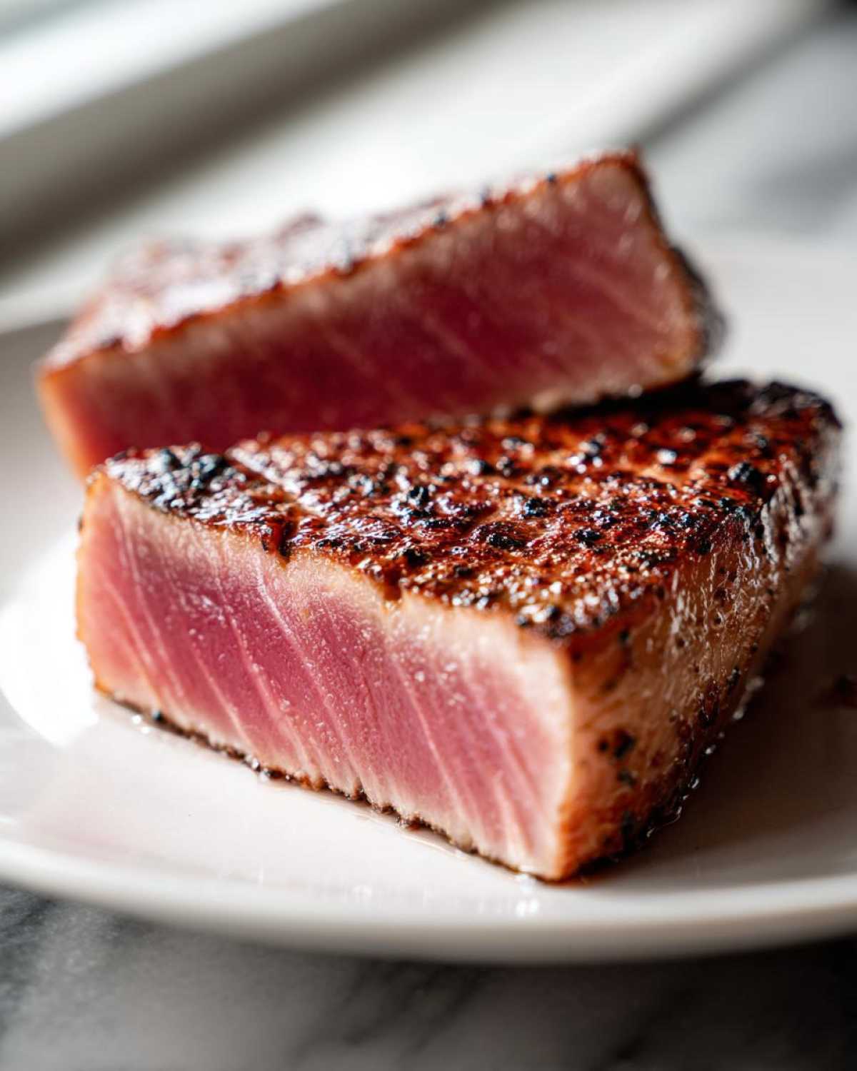Close-up of two perfectly seared tuna steak pieces showing a deep pink, rare center after using the MARINADE FOR TUNA STEAK.