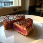 Two thick, seared tuna steak halves showing a rich pink center, seasoned with spices, ready to eat after using a MARINADE FOR TUNA STEAK.