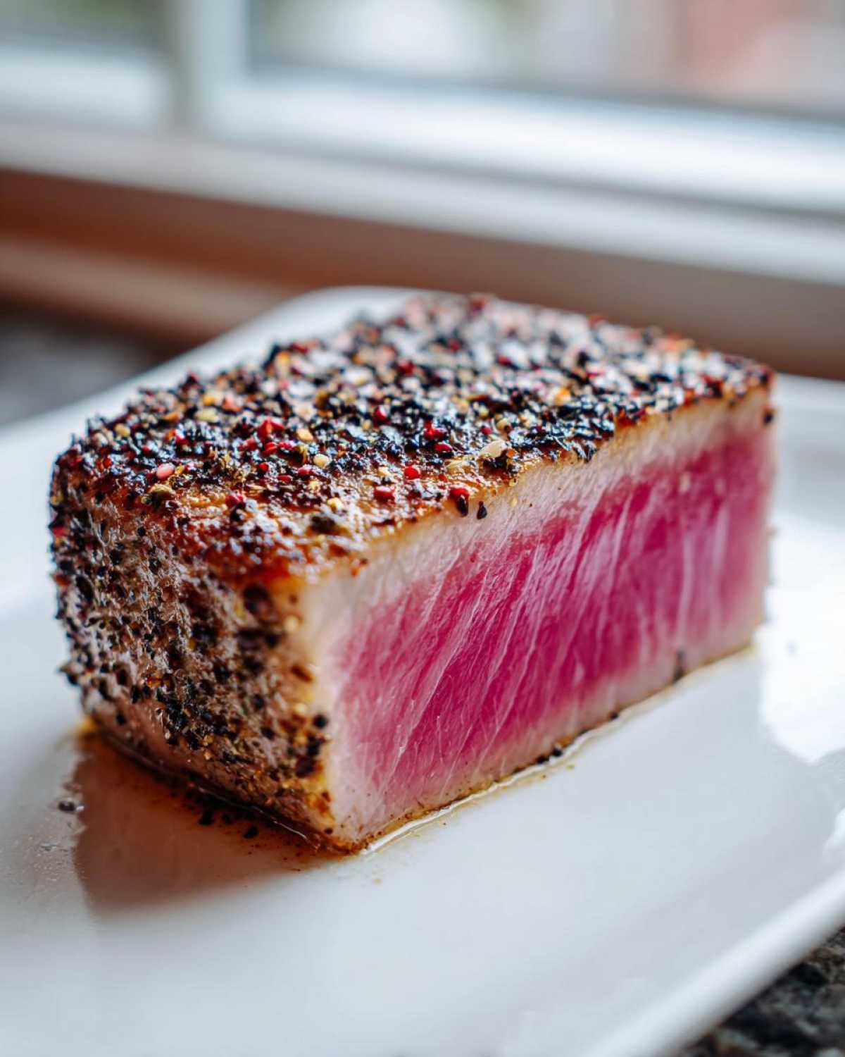 Close-up of a thick, rare tuna steak crusted with black and pink peppercorns, showing vibrant pink interior.