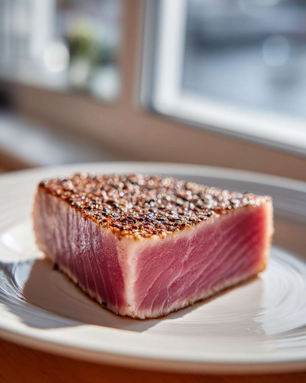 A thick, perfectly seared tuna steak with a pink, rare center, resting on a white plate.