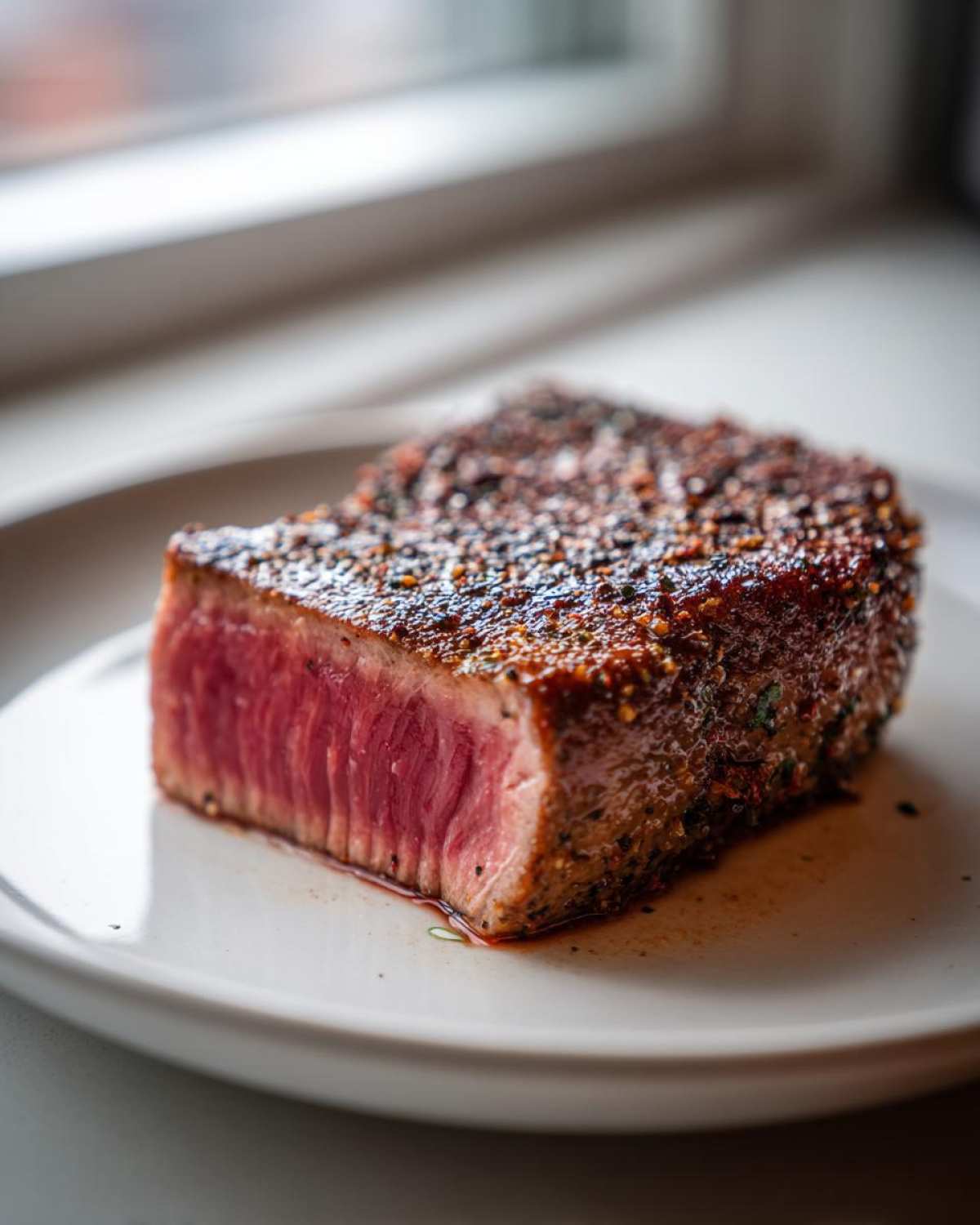 Close-up of a perfectly seared tuna steak, rare in the center, coated in a dark spice rub.