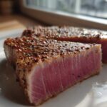 Close-up of two perfectly seared tuna steak portions showing a rare, pink center and a dark, seasoned crust from the MARINADE FOR TUNA STEAK.