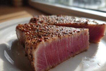 Close-up of two perfectly seared tuna steak portions showing a rare, pink center and a dark, seasoned crust from the MARINADE FOR TUNA STEAK.