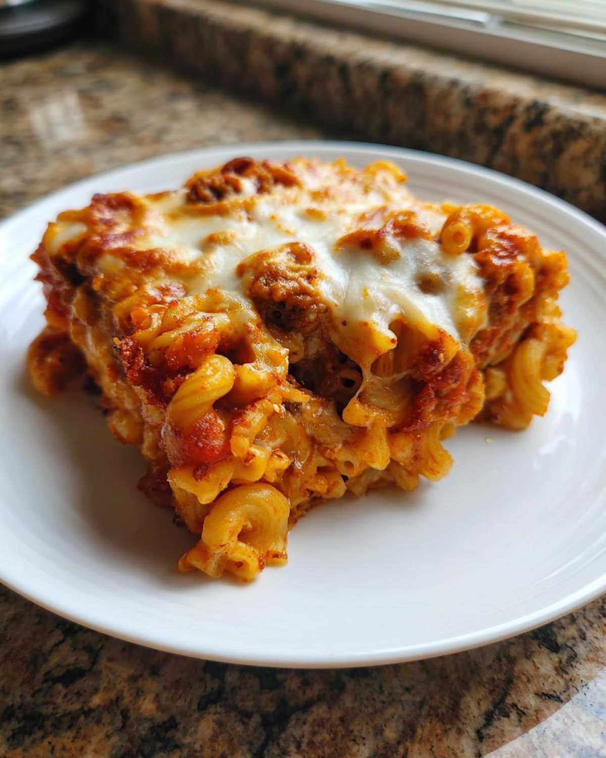 A generous serving of baked pizza casserole featuring elbow macaroni, rich tomato sauce, and a thick layer of melted, gooey mozzarella cheese.