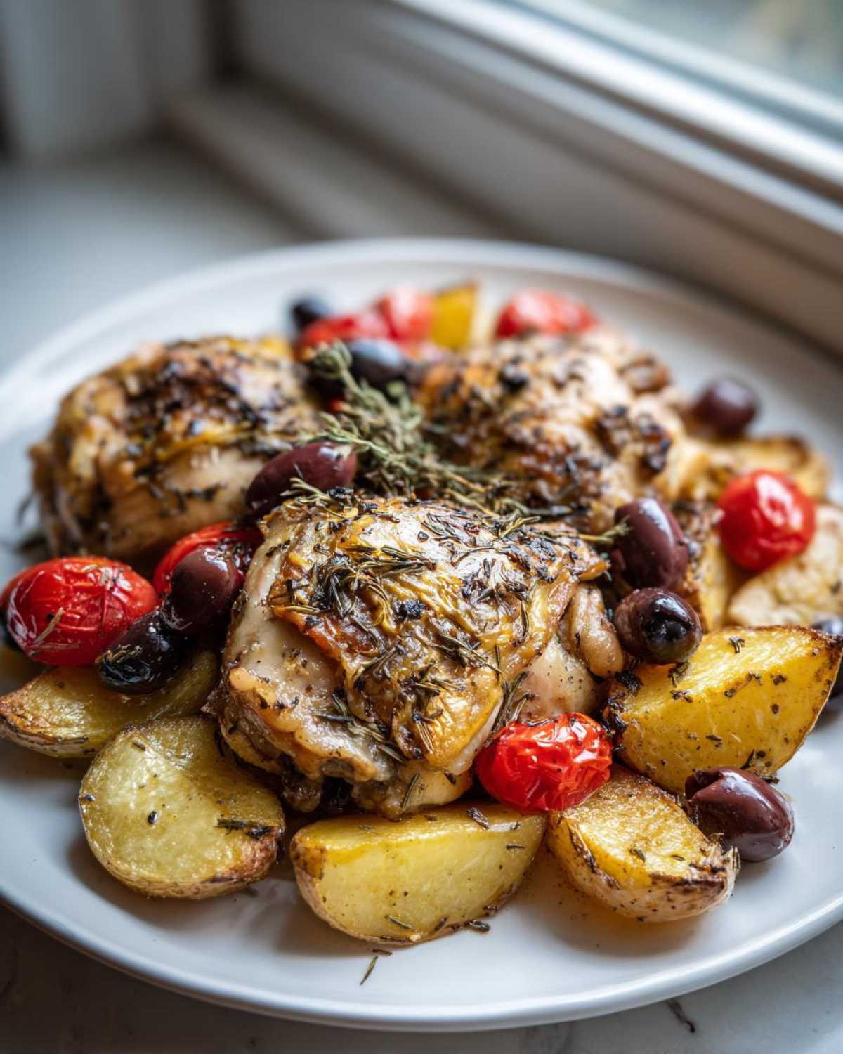 Close-up of seasoned greek chicken thighs served with roasted potatoes, cherry tomatoes, and Kalamata olives.