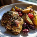 Two crispy, herb-crusted greek chicken thighs served with roasted potatoes, cherry tomatoes, and Kalamata olives.