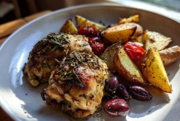 Two crispy, herb-crusted greek chicken thighs served with roasted potatoes, cherry tomatoes, and Kalamata olives.