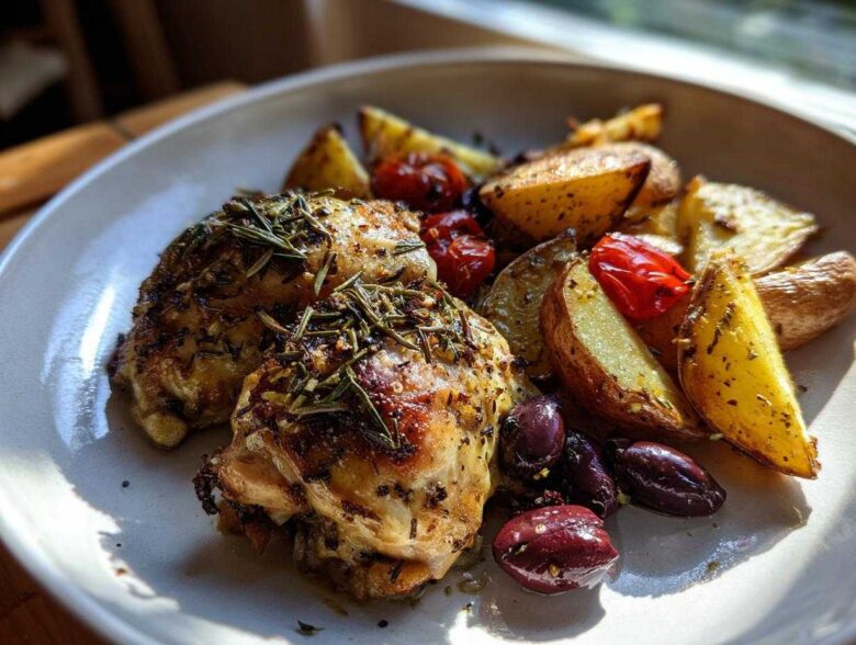 Two crispy, herb-crusted greek chicken thighs served with roasted potatoes, cherry tomatoes, and Kalamata olives.
