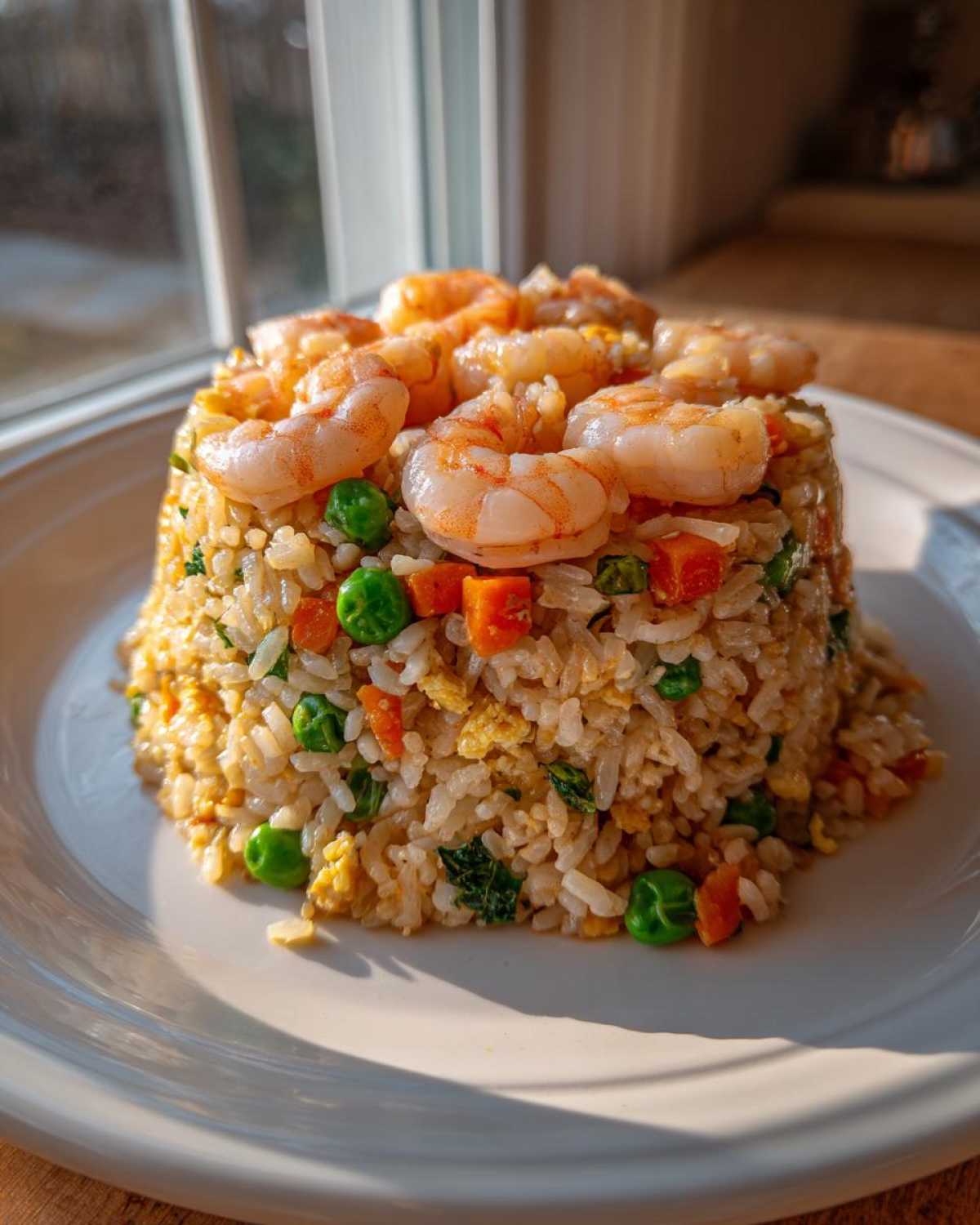 A molded serving of shrimp fried rice recipe topped with succulent cooked shrimp, peas, and carrots.