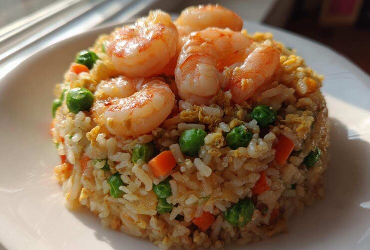 A mound of delicious shrimp fried rice recipe topped with succulent cooked shrimp, peas, and carrots.