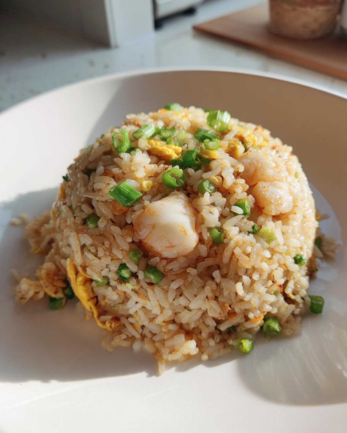 A mound of flavorful shrimp fried rice topped with green onions and egg, served on a white plate.