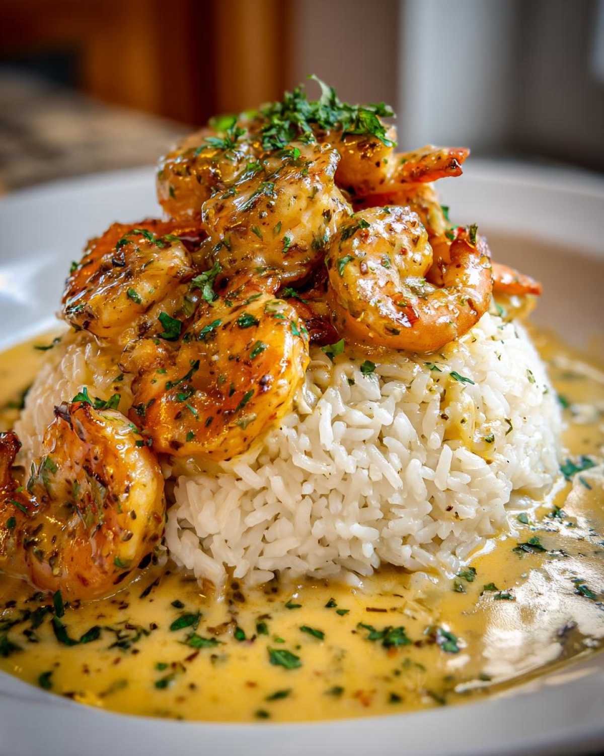 Close-up of shrimp scampi served over a mound of garlic parmesan rice with creamy sauce.