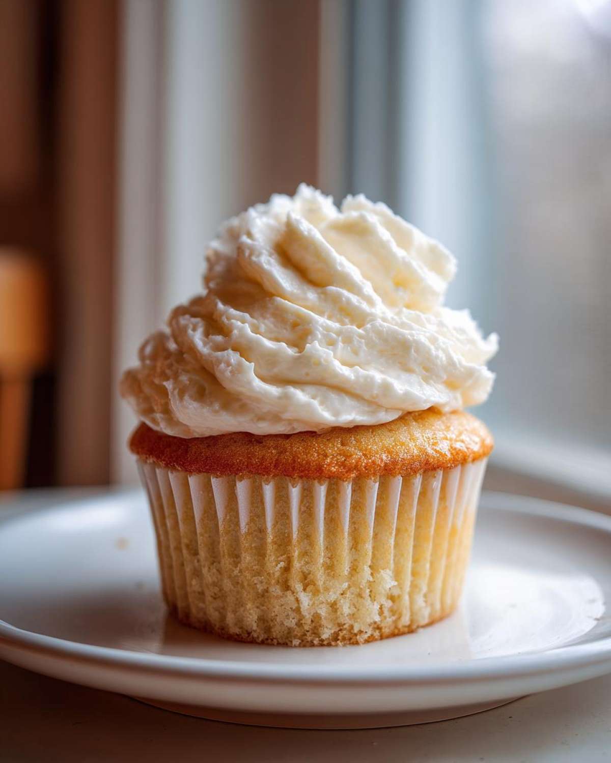 A single, perfectly baked vanilla cupcakes topped with a generous swirl of white buttercream frosting, sitting on a white plate.