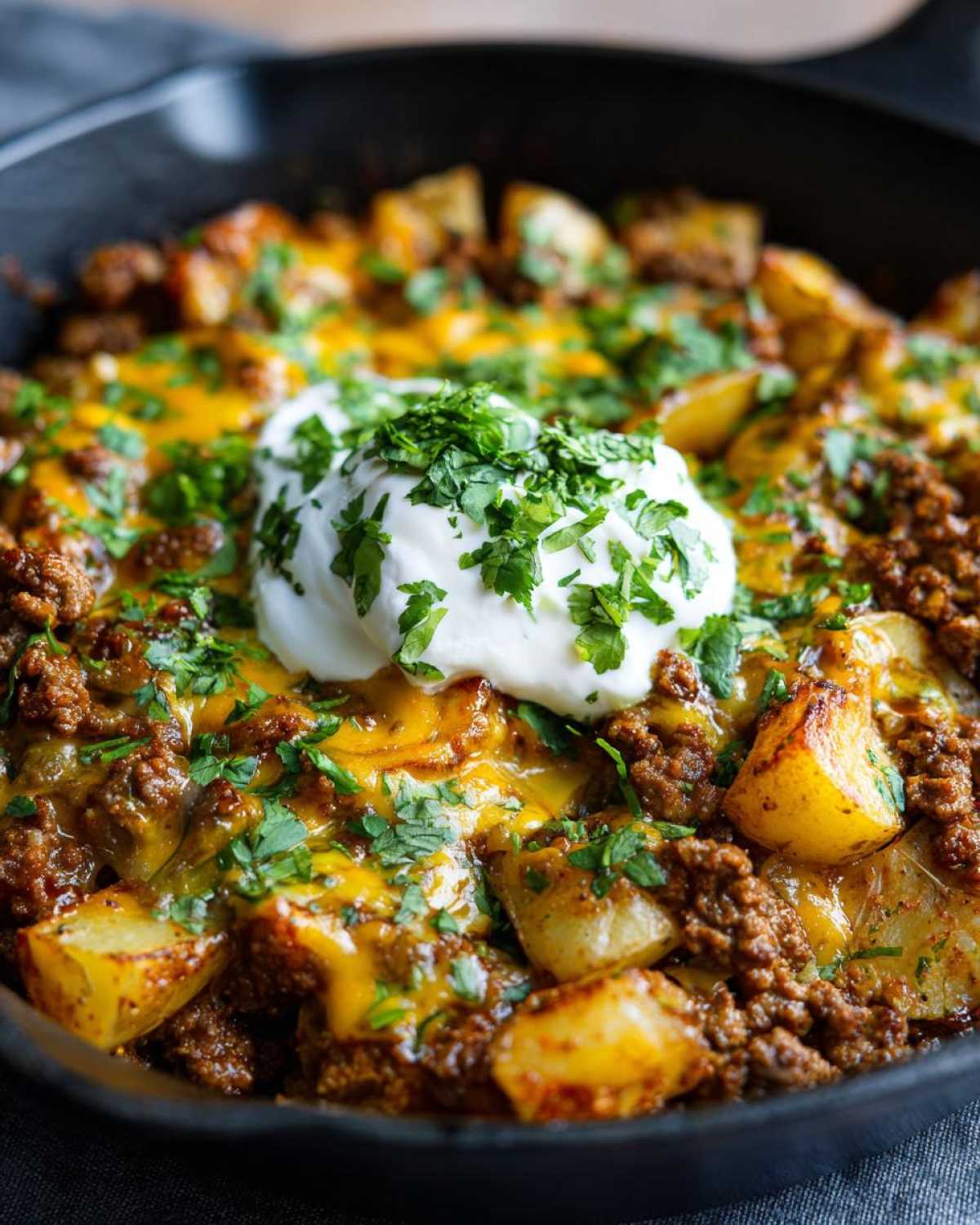 Close-up of Cheesy Taco Potatoes in a cast iron skillet, topped with melted cheddar, sour cream, and fresh cilantro.