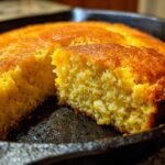 Close-up of a slice cut from a golden brown skillet cornbread showing its moist, crumbly texture.
