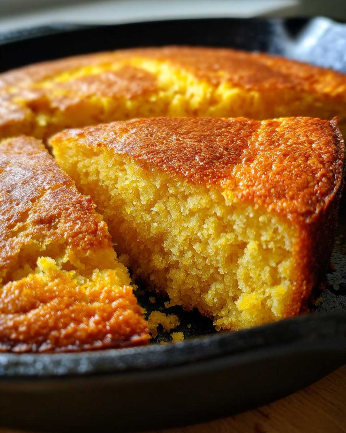 Close-up view showing the crumb texture of a slice of golden skillet cornbread baked in a cast iron pan.