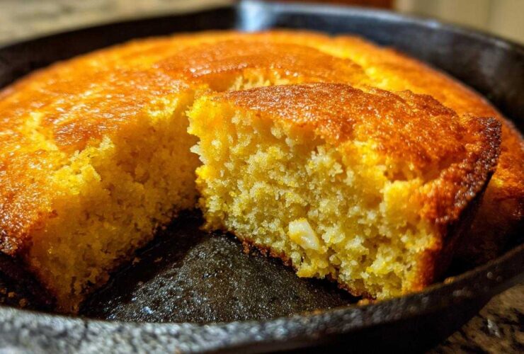 Close-up of a slice cut from a golden brown skillet cornbread showing its moist, crumbly texture.