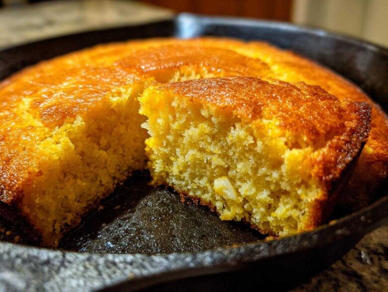 Close-up of a slice cut from a golden brown skillet cornbread showing its moist, crumbly texture.