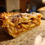 Close-up of a slice of best apple pie showing flaky, sugared crust and thick apple filling.