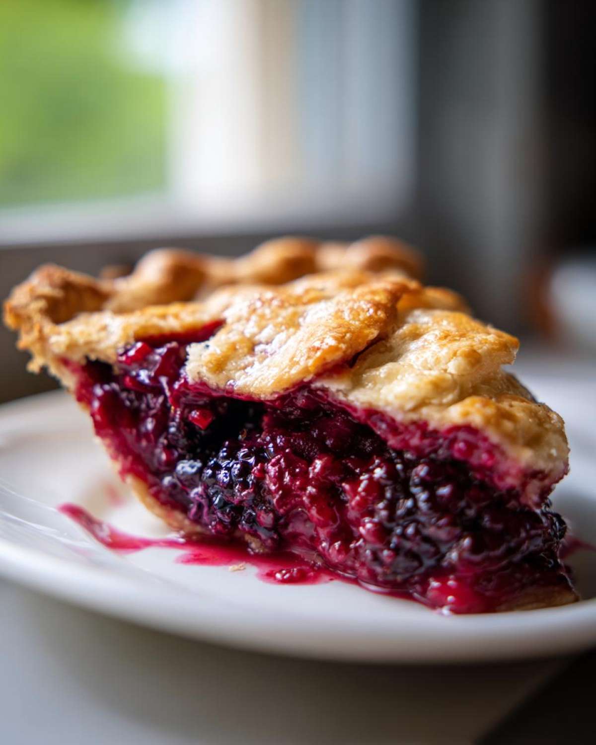 Close-up of a slice of blackberry pie showing a thick, juicy filling and golden flaky crust.