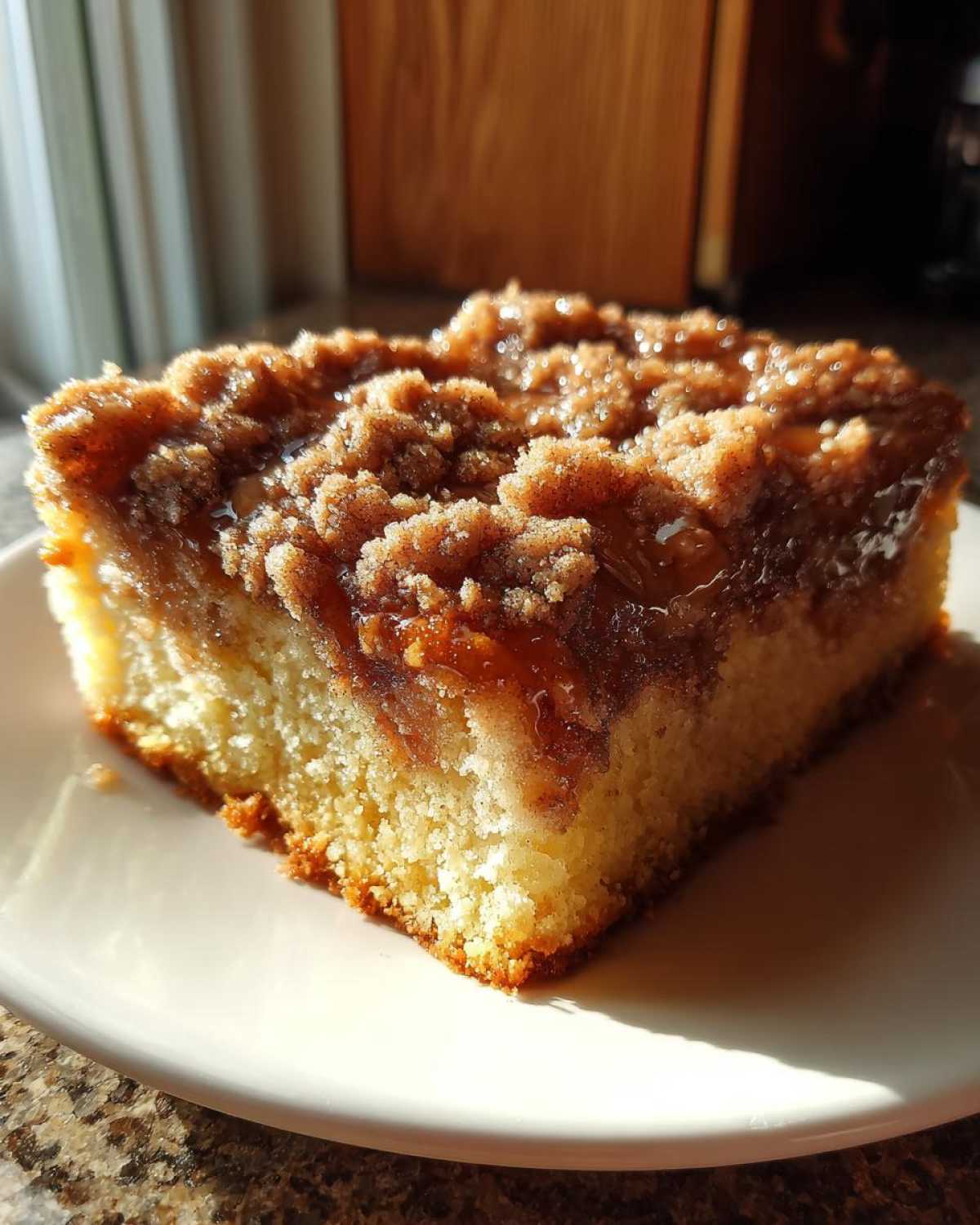 A close-up, sunlit slice of moist coffee cake featuring a thick, gooey brown sugar streusel topping.