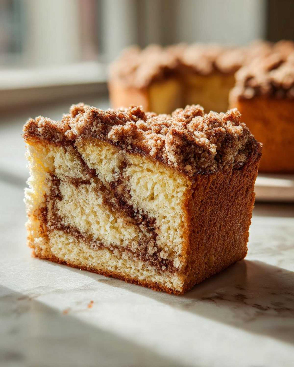 Close-up of a moist slice of coffee cake featuring a cinnamon swirl and generous, crumbly streusel topping.