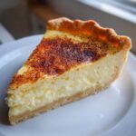 A perfect slice of creamy custard pie with a golden crust, dusted heavily with nutmeg.