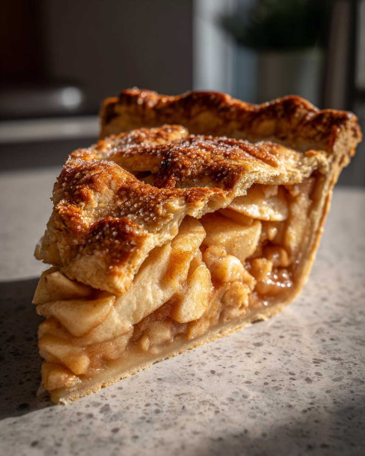 Close-up of a thick slice of apple pie showing a flaky, sugared crust and tender cinnamon-spiced apple filling.
