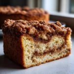 Close-up of a moist slice of coffee cake featuring a thick, crumbly cinnamon streusel topping and swirl.