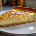 A thick slice of creamy custard pie with a golden crust, dusted with cinnamon, served on a white plate.