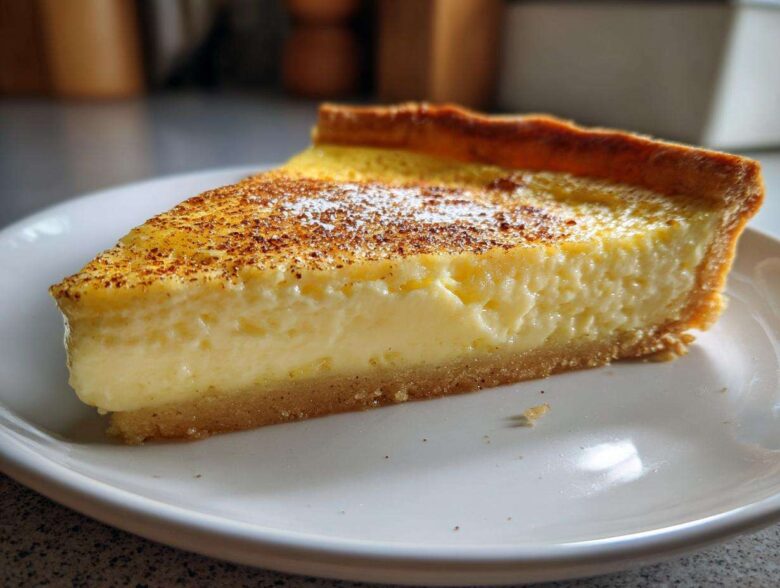 A thick slice of creamy custard pie with a golden crust, dusted with cinnamon, served on a white plate.