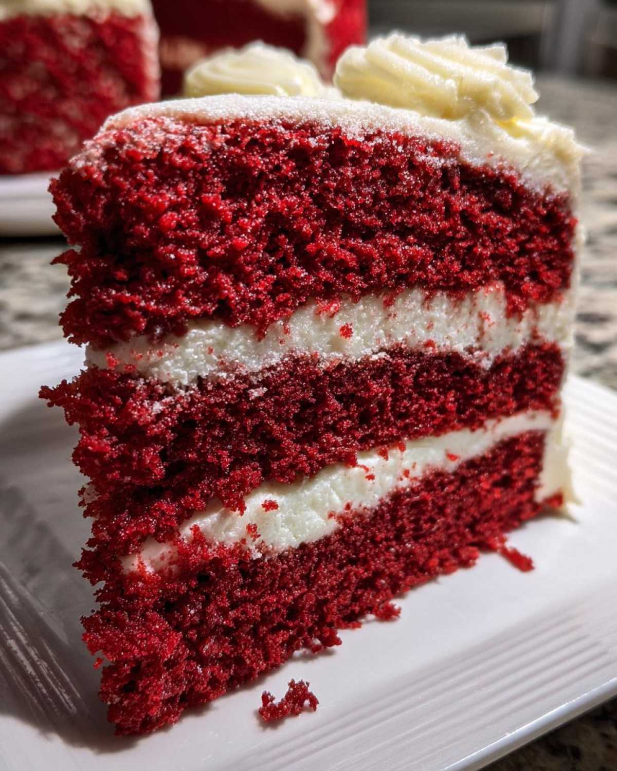 Close-up of a tall slice of red velvet cake showing three layers of deep red cake and two layers of white cream cheese frosting.