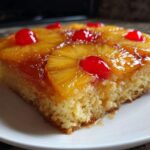 A close-up of a moist slice of pineapple upside down cake topped with caramelized pineapple rings and maraschino cherries.