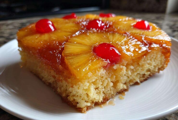 A close-up of a moist slice of pineapple upside down cake topped with caramelized pineapple rings and maraschino cherries.