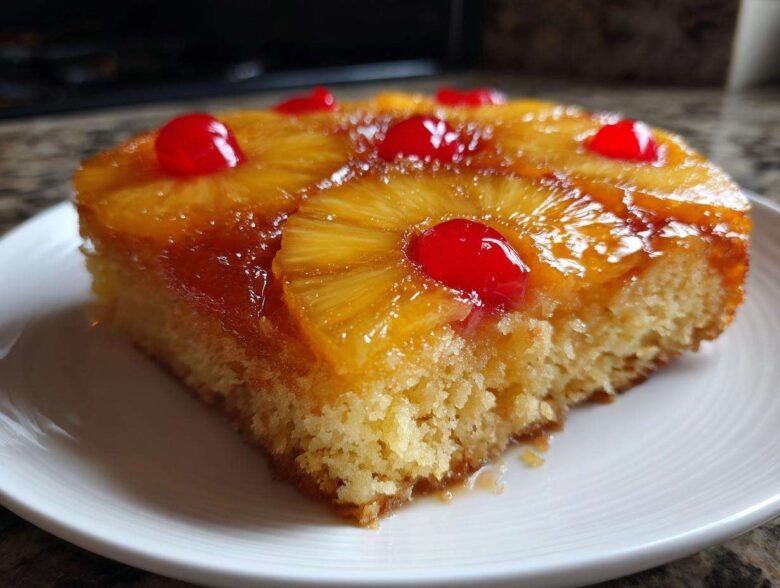 A close-up of a moist slice of pineapple upside down cake topped with caramelized pineapple rings and maraschino cherries.