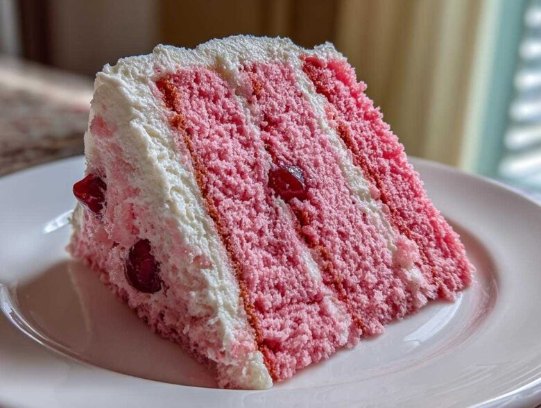 A tall slice of pink layer cherry cake with white frosting and visible whole cherries on a white plate.