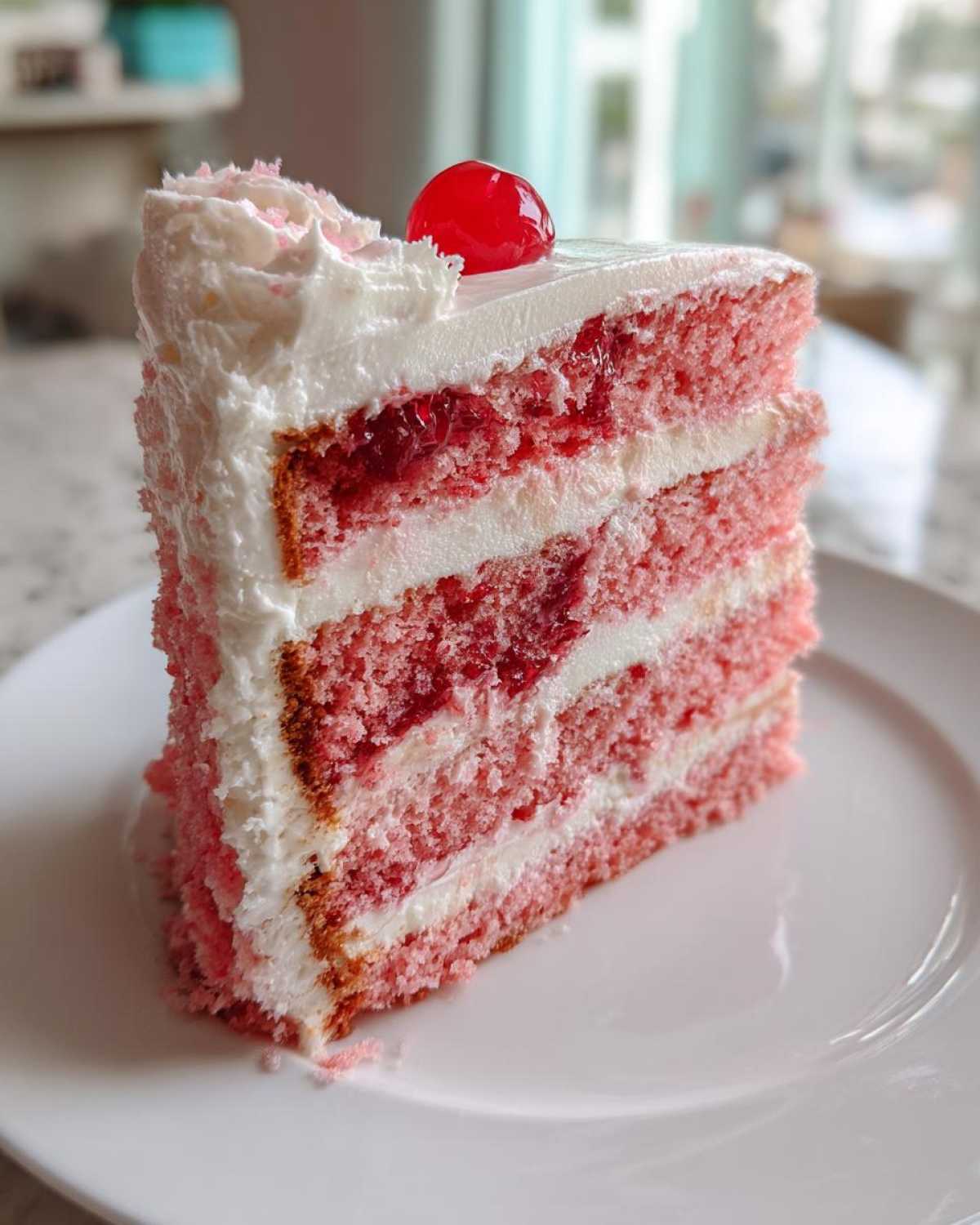 A tall, moist slice of pink layered Cherry Cake with white cream frosting and a maraschino cherry on top.