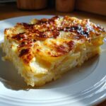 A close-up, tempting slice of creamy potatoes au gratin featuring thinly sliced potatoes layered with sauce and a beautifully browned, crispy top.