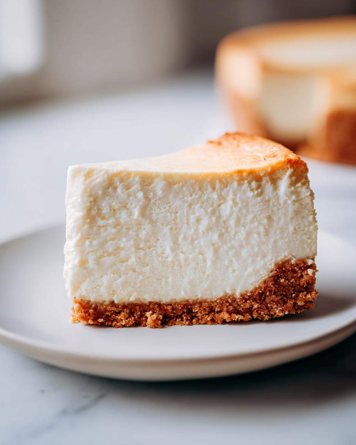 A perfect slice of creamy Protein Cheesecake with a thick graham cracker crust, served on a white plate.