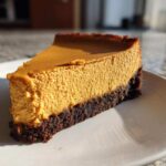 A close-up, sunlit slice of pumpkin cheesecake featuring a thick, orange filling and a dark chocolate crust, served on a white plate.